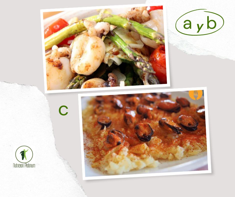 sepias a la parrilla con verduras y patatas a la gallega con mejillones